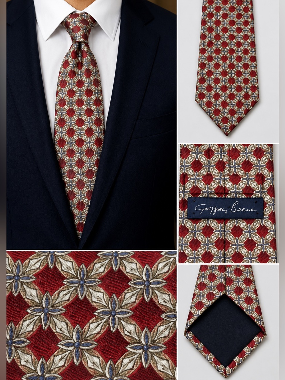 Geoffrey Beene Red and White Silk Tie
